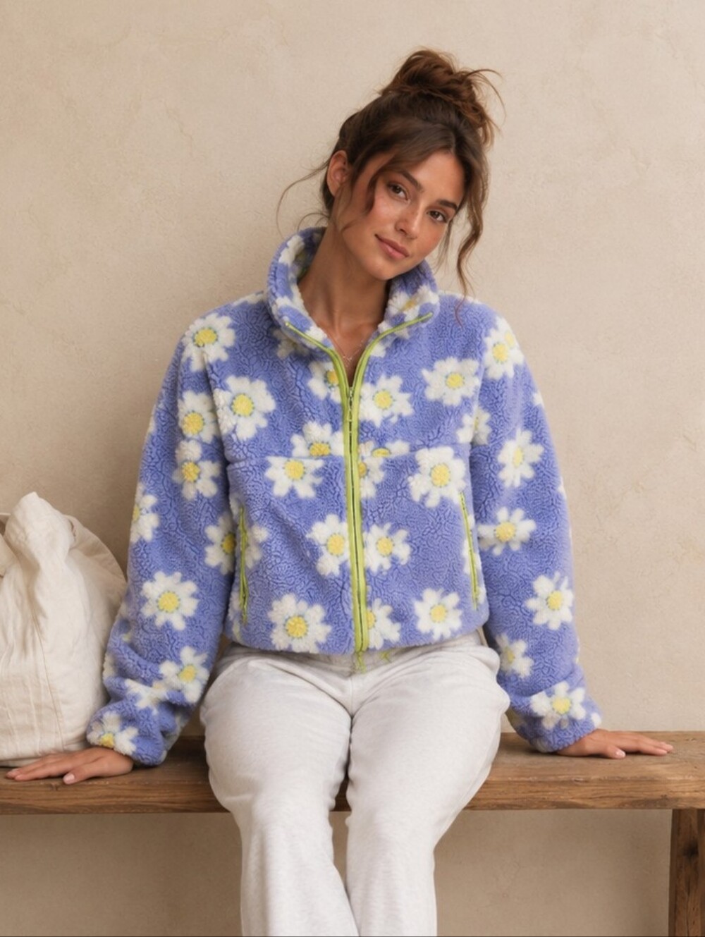 Zara Light Blue Daisy Floral Sherpa Jacket Pastel Fleece Soft Girl Cozy Core Y2K
